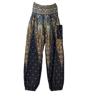 Boho Harem Pants Women Medium Smocked High Waist Wide Leg Festival Hippie Indie